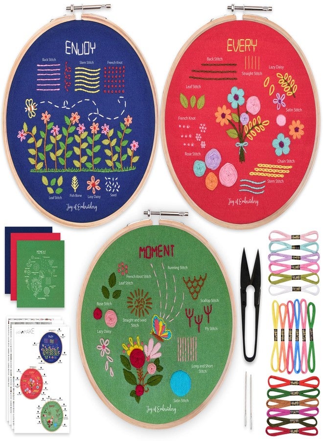 picknMAKE Combo of 3 Hand Embroidery Kits for Beginners - DIY Embroidery Kit for Adults & Kids with Colorful Fabrics, 16 Threads, Hoops, Needles & Step‑by‑Step Guide - Floral Theme - Image 1